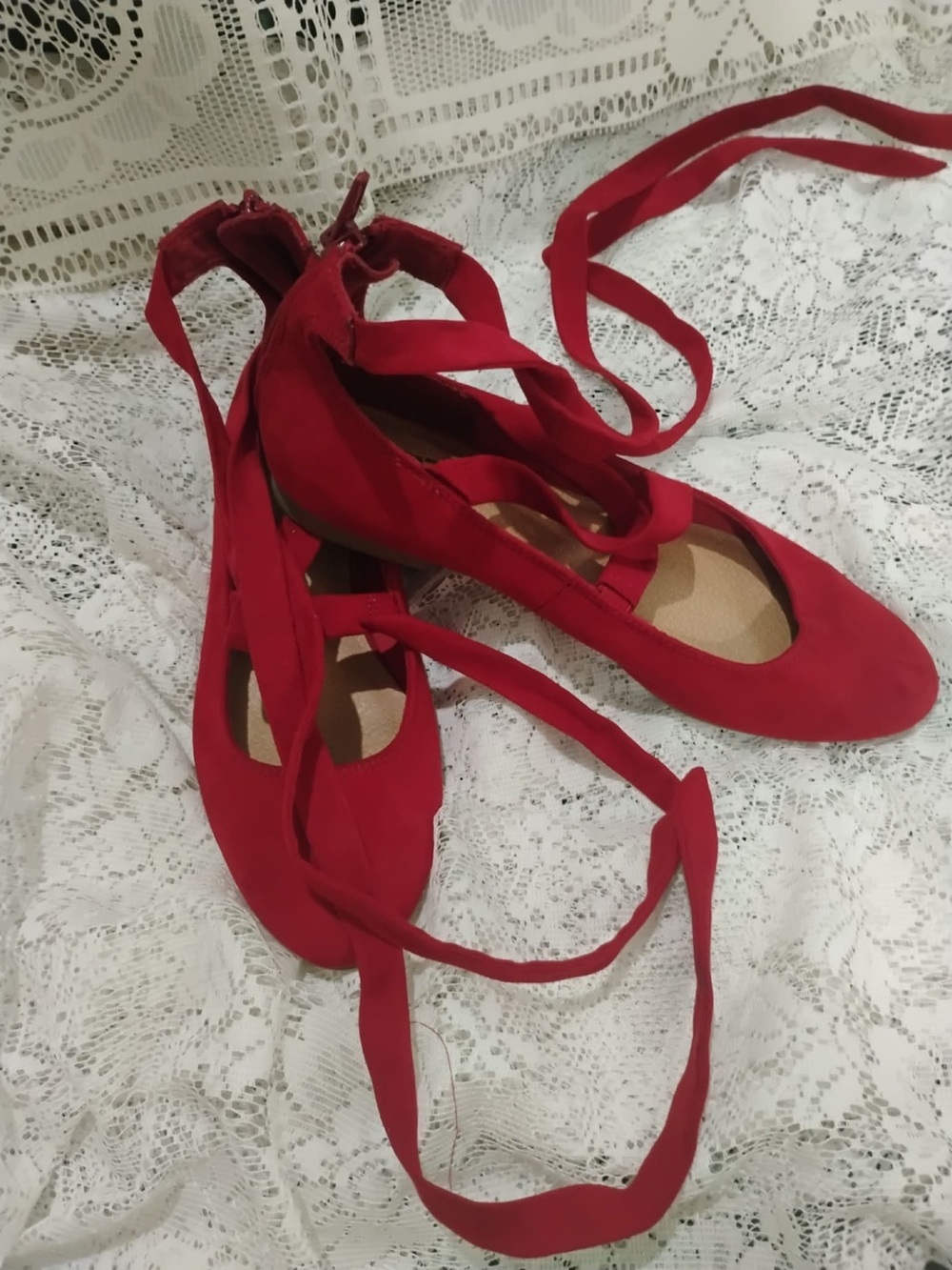 Brash Red Lace-Up Ballet Flats with Wrap Ties